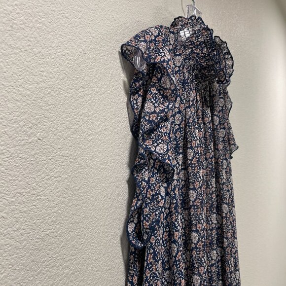 (NEW) CODE MODE Ruffled Sleeveless Smock Neck Floral Dress, Navy/Pink - L - Picture 5 of 10